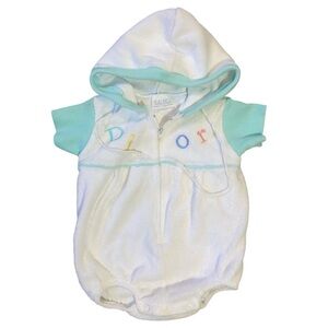 Collectible Vintage Baby Dior Hooded Terry Cloth Romper White Aqua Trim USA made
